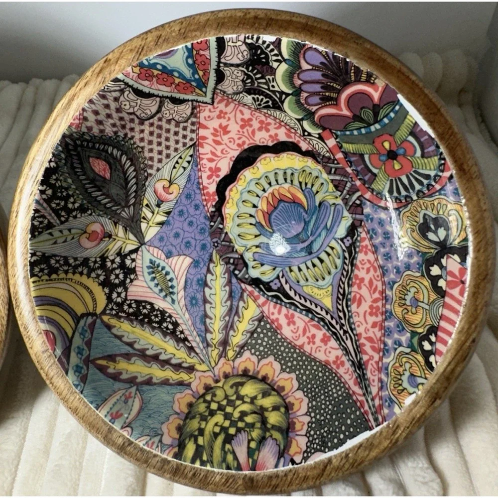 World Market Set of 2 Mango Wood Bowls Enamel Pattern 5.5